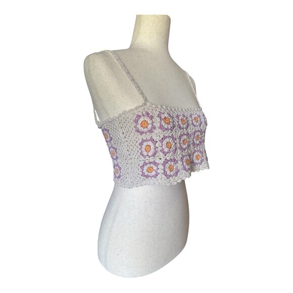 ZARA Crochet Daisy Floral Crop Top Multicolor Knit Boho Festival Tank XS - Picture 2 of 7